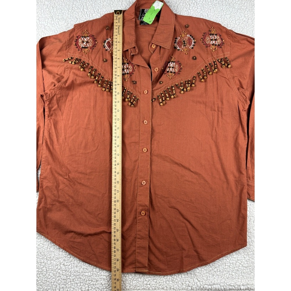 Vintage 90s Short Circuit Embroidered Beaded Western Shirt Brown Boho Medium NWT - Picture 11 of 12